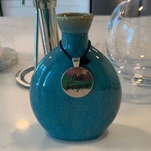 Teal Ceramic Vase with Just Imagine Pendant